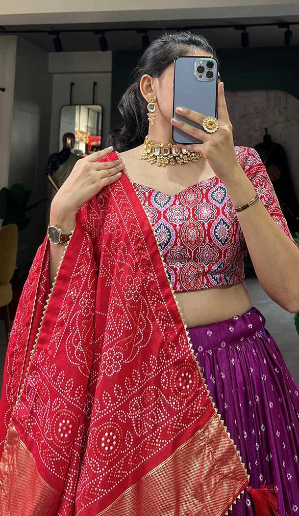 Rani Pink Tussar Silk Foil Printed Work Navratri Wear Chaniya Choli - 9667188691