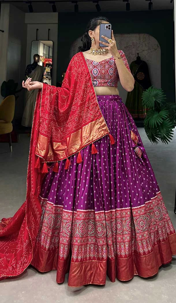 Rani Pink Tussar Silk Foil Printed Work Navratri Wear Chaniya Choli - 9667188691