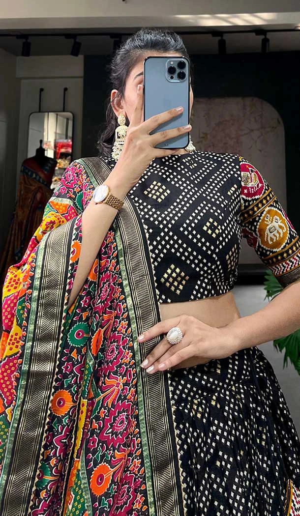 Tussar Silk Foil Printed Work Navratri Wear Chaniya Choli In Black - 9667188692
