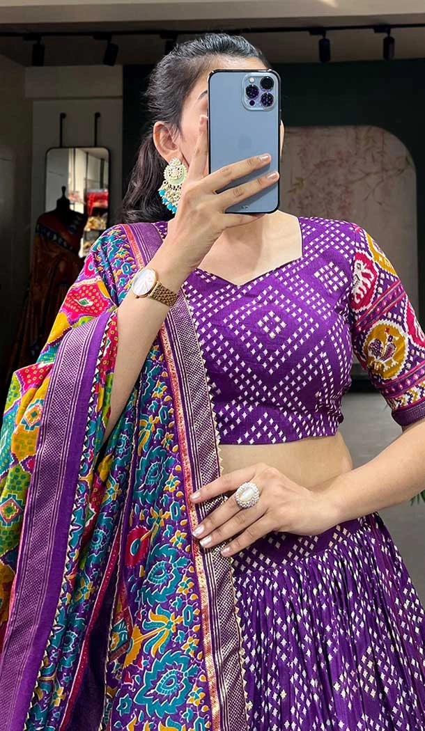 Purple Tussar Silk Foil Printed Work Navratri Wear Chaniya Choli - 9667188693