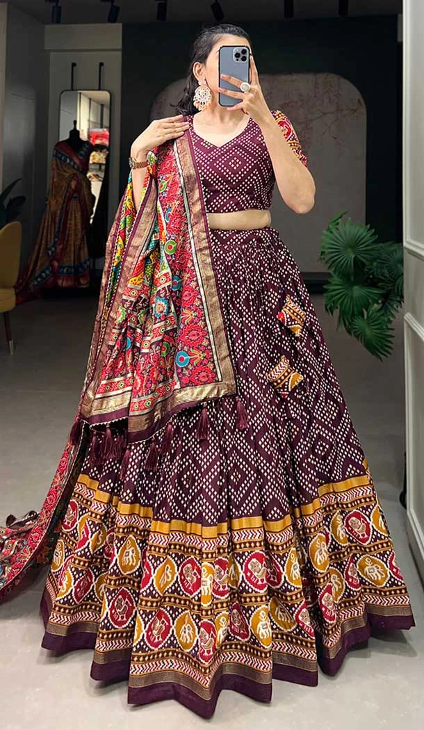 Wine Tussar Silk Foil Printed Work Navratri Wear Chaniya Choli - 9667188694