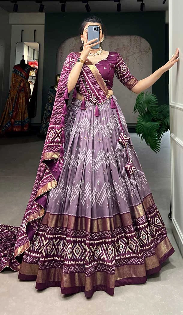 Tussar Silk Foil Printed Work Navratri Wear Chaniya Choli In Wine - 9668188697