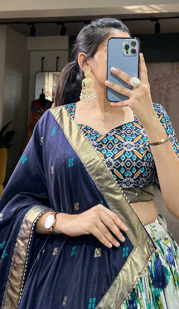 Tussar Silk Foil Printed Work Navratri Wear Chaniya Choli In Blue - 9668188698