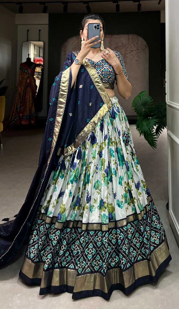 Tussar Silk Foil Printed Work Navratri Wear Chaniya Choli In Blue - 9668188698