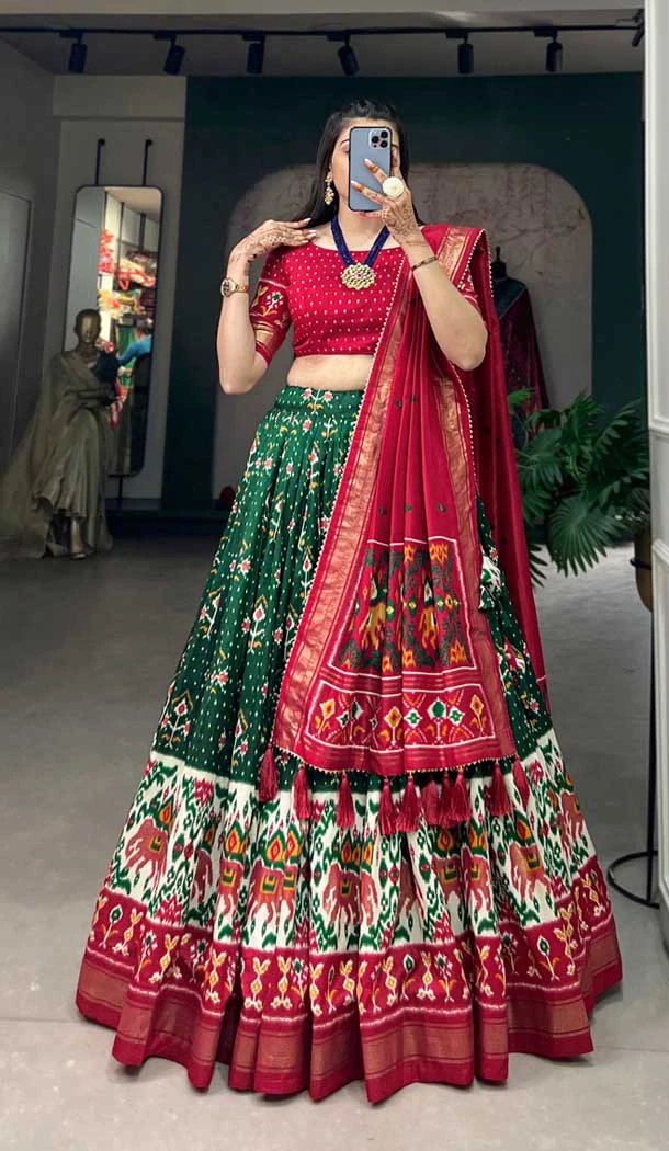 Tussar Silk Foil Printed Work Navratri Wear Chaniya Choli In Green - 9668188705