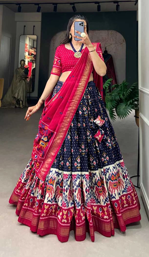 Navy Blue Tussar Silk Foil Printed Work Navratri Wear Chaniya Choli - 9668188706