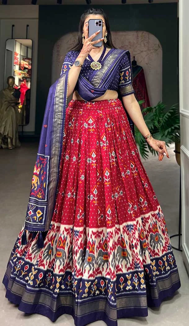 Red Tussar Silk Foil Printed Work Navratri Wear Chaniya Choli - 9668188708