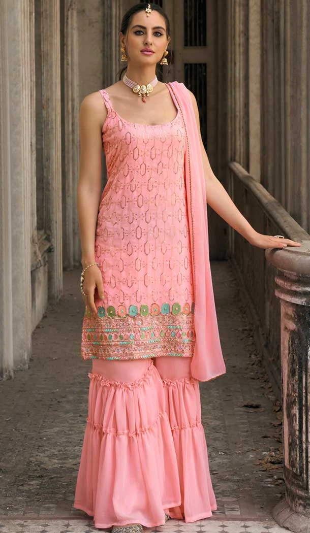 Pink Faux Georgette Embroidered Party Wear Designer Sharara Suit - 143147961