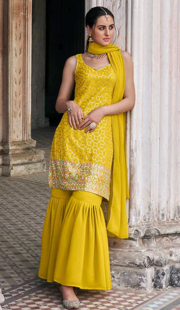 Mustard Faux Georgette Embroidered Party Wear Designer Sharara Suit - 143147962