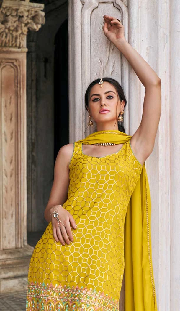 Mustard Faux Georgette Embroidered Party Wear Designer Sharara Suit - 143147962