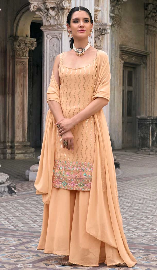 Peach Faux Georgette Embroidered Party Wear Designer Sharara Suit - 143147963