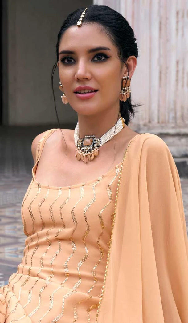 Peach Faux Georgette Embroidered Party Wear Designer Sharara Suit - 143147963
