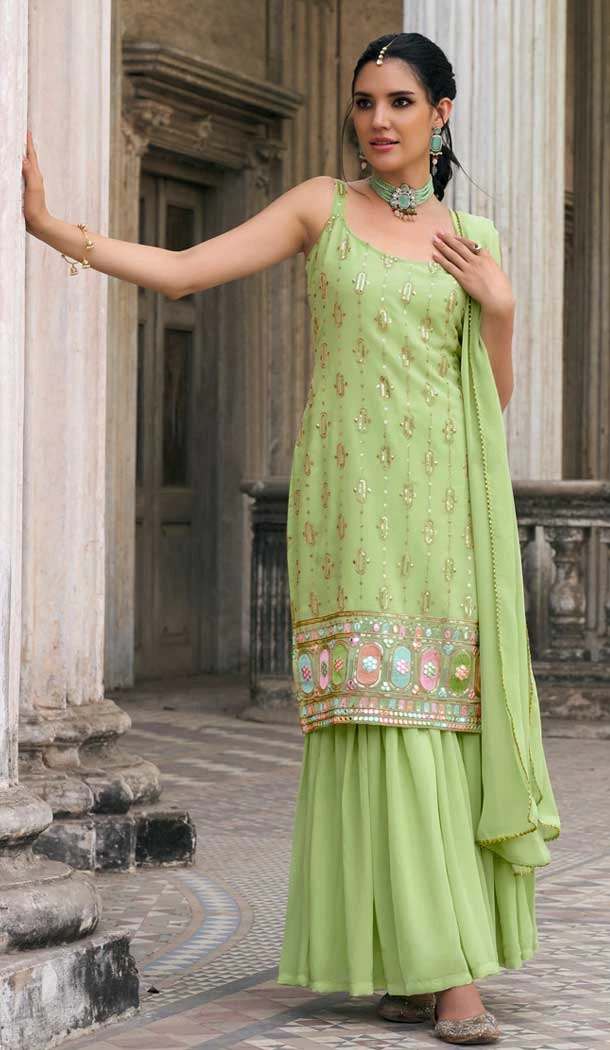 Pista Green Faux Georgette Embroidered Party Wear Designer Sharara Suit - 143147964