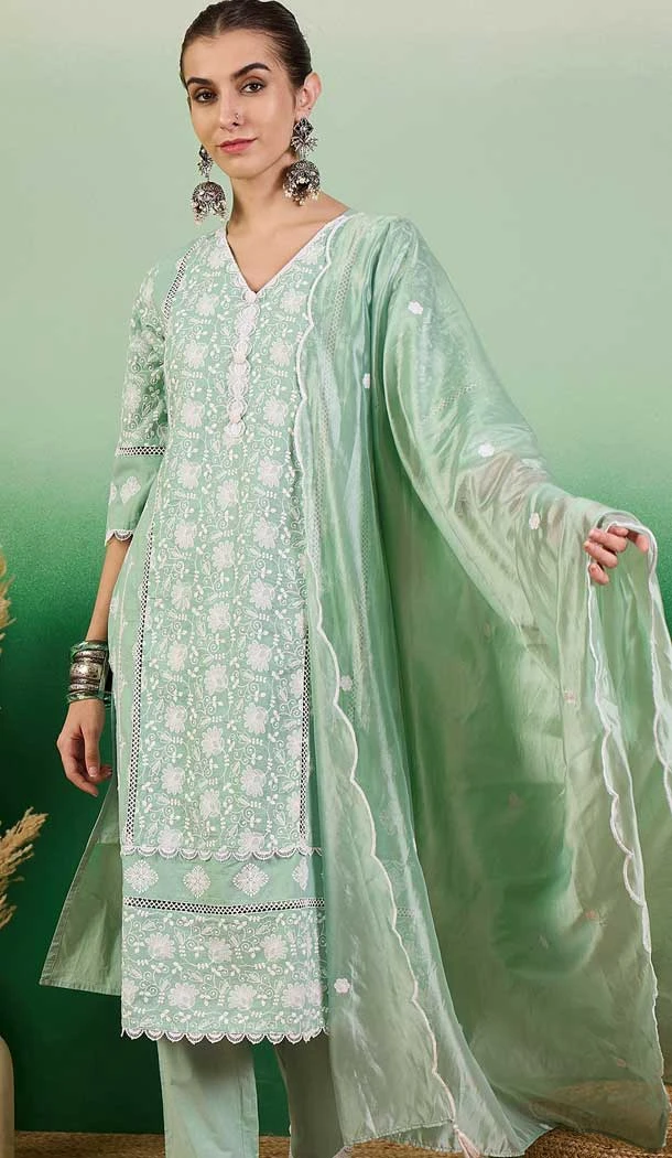 Cotton Embroidered Party Wear Readymade Salwar Kameez In Sea Green - 143167970