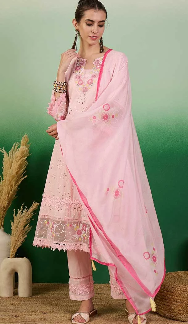 Pink Cotton Embroidered Party Wear Readymade Salwar Kameez - 143167971
