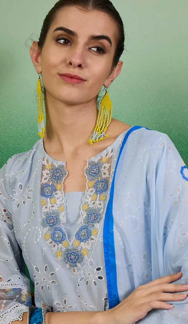 Cotton Embroidered Party Wear Readymade Salwar Kameez In Blue - 143167972