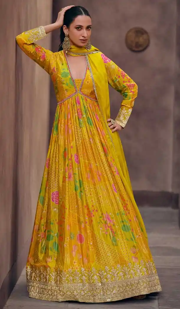 Yellow Georgette Embroidered Designer Anarkali Style Salwar Suit - 143418127