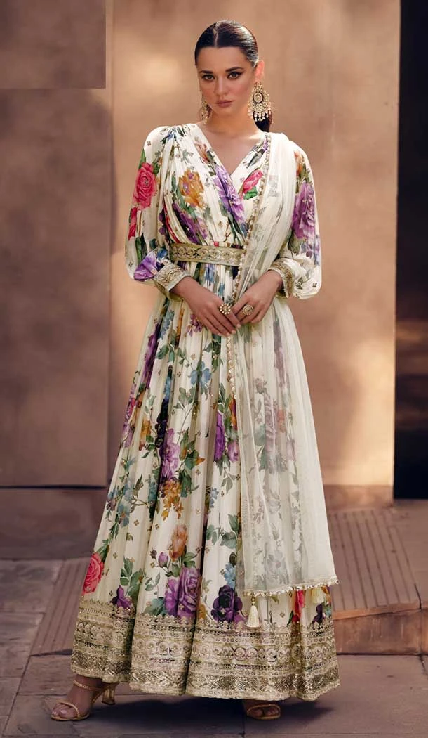 Cream Georgette Embroidered Designer Anarkali Style Salwar Suit - 143418130