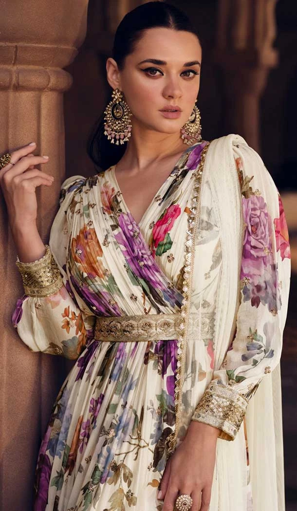 Cream Georgette Embroidered Designer Anarkali Style Salwar Suit - 143418130