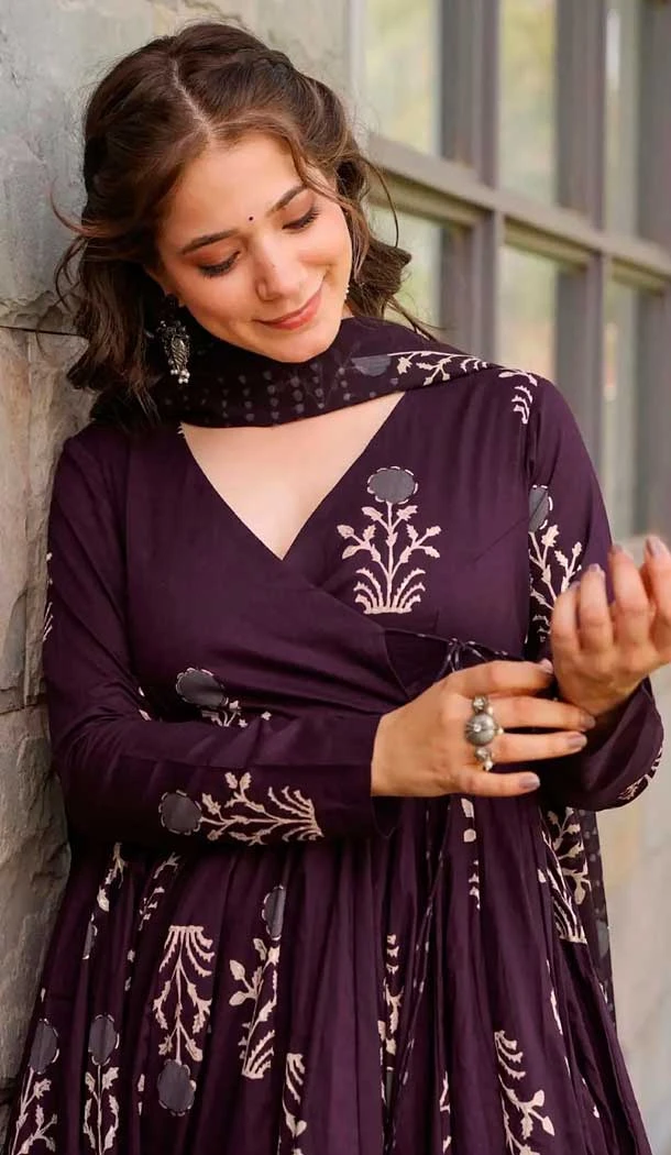 Maslin Digital Printed Festival Wear Readymade Salwar Kameez In Purple - 143648258