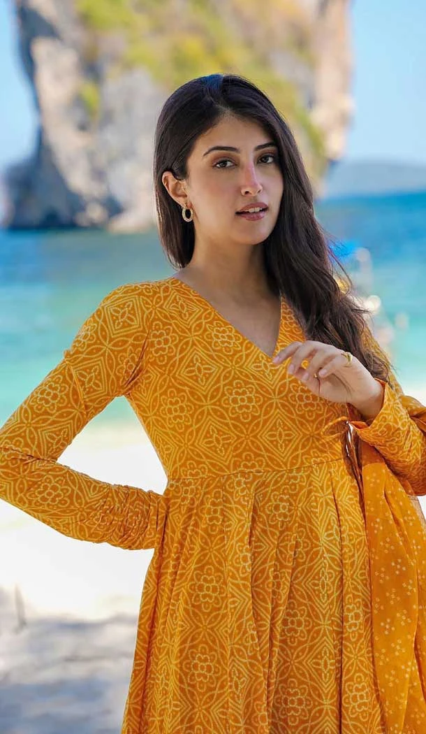 Maslin Digital Printed Festival Wear Readymade Salwar Kameez In Mustard - 143648260