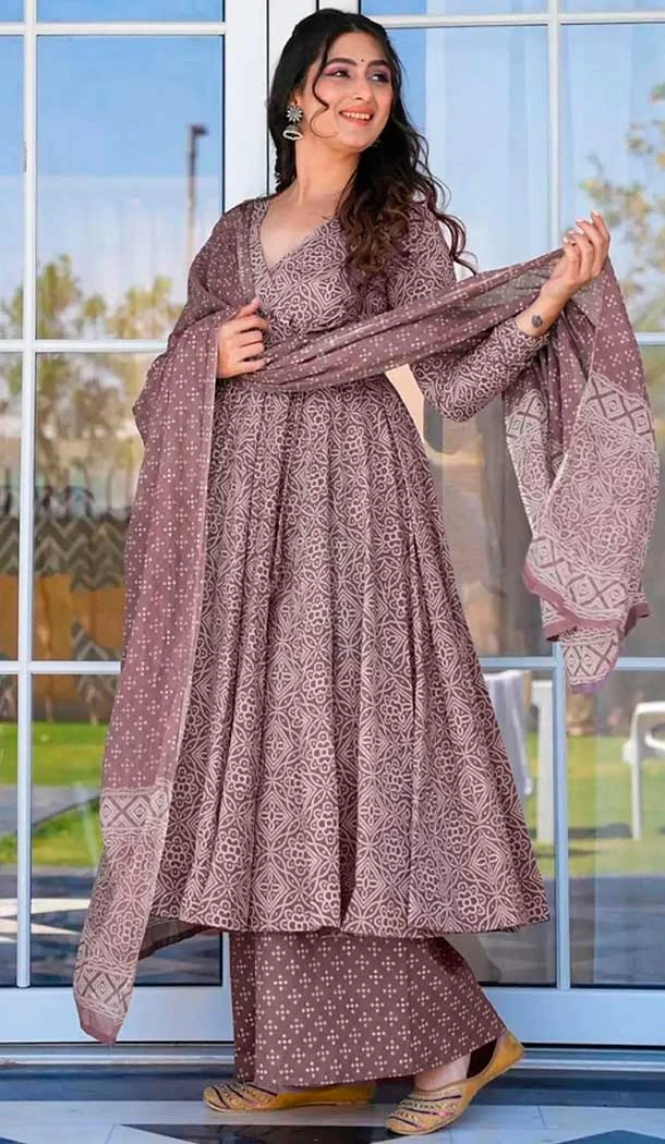 Purple Maslin Digital Printed Festival Wear Readymade Salwar Kameez - 143648262