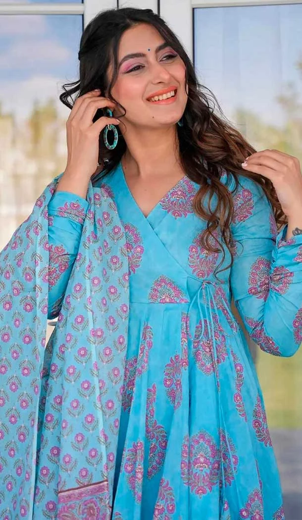Maslin Digital Printed Festival Wear Readymade Salwar Kameez In Sky Blue - 143648263