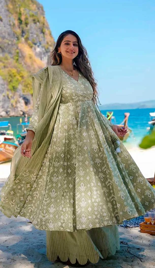 Maslin Digital Printed Festival Wear Readymade Salwar Kameez In Green - 143648264