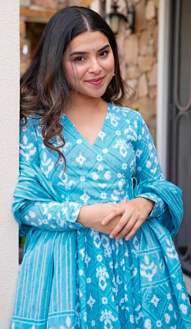 Sky Blue Maslin Digital Printed Festival Wear Readymade Salwar Kameez - 143648265