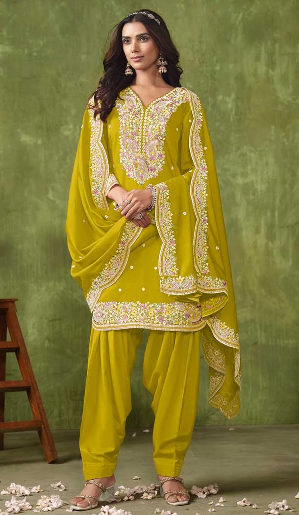 Yellow Chanderi Embroidered Designer Wear Patiala Salwar Suit - 143898415