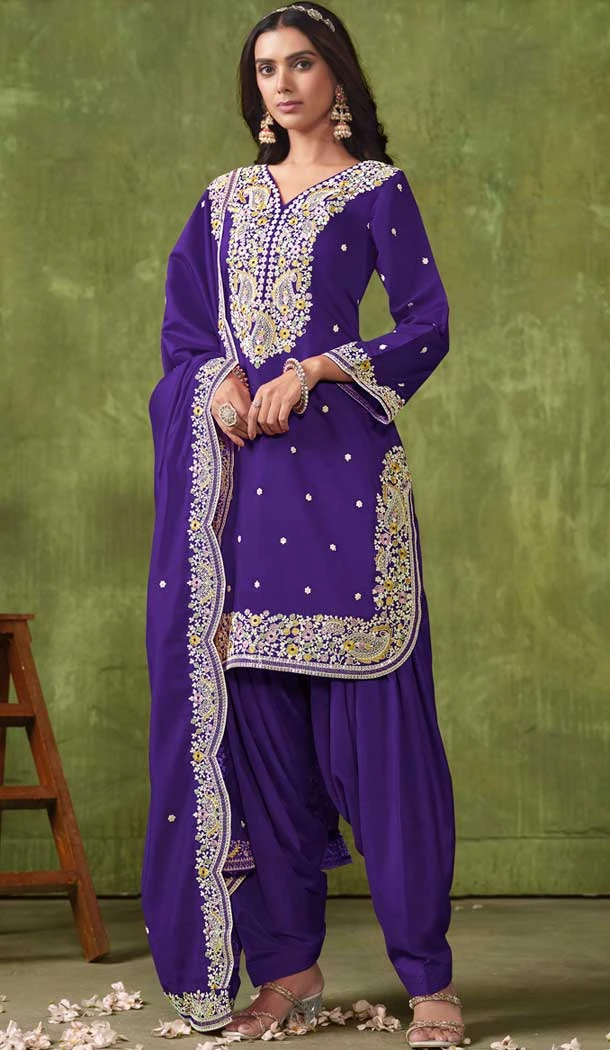 Purple Chanderi Embroidered Designer Wear Patiala Salwar Suit - 143898416