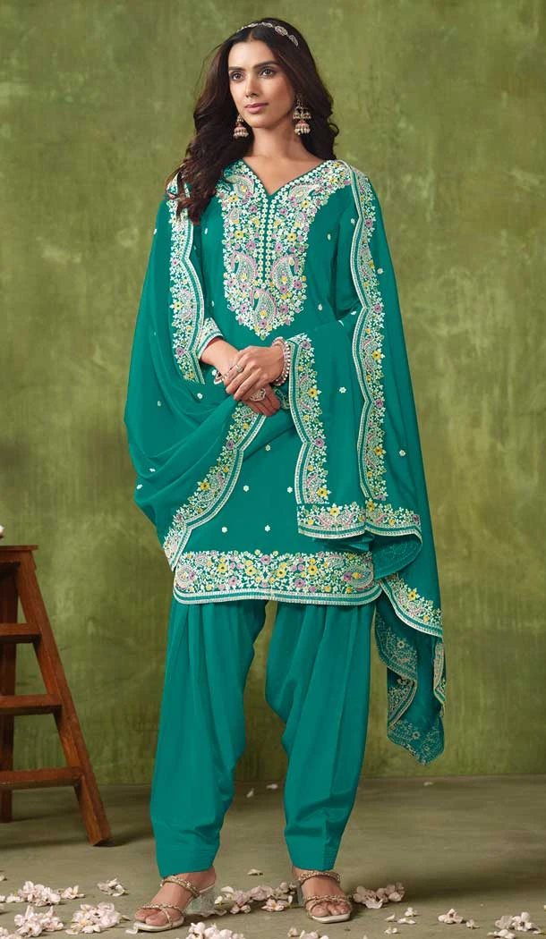 Green Chanderi Embroidered Designer Wear Patiala Salwar Suit - 143898417