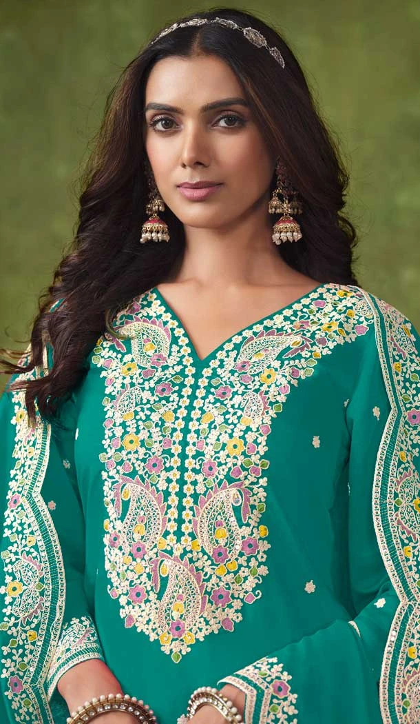 Green Chanderi Embroidered Designer Wear Patiala Salwar Suit - 143898417