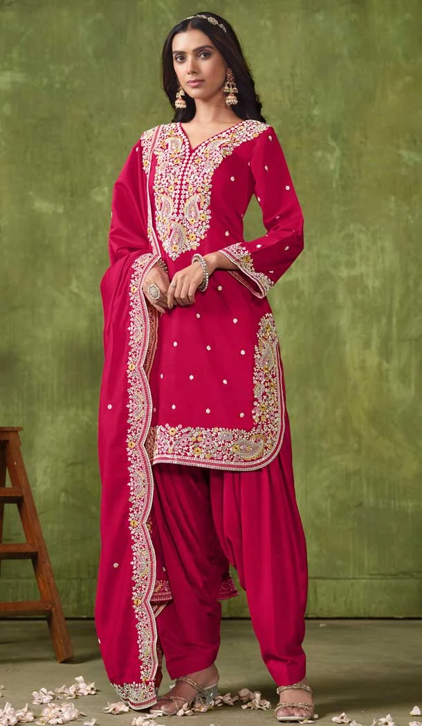 Pink Chanderi Embroidered Designer Wear Patiala Salwar Suit - 143898418