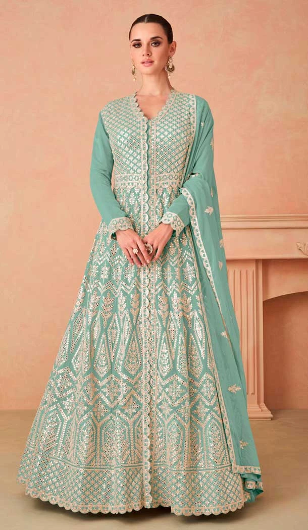 Pista Green Georgette Embroidered Anarkali Style Designer Salwar Suit - 143908419 