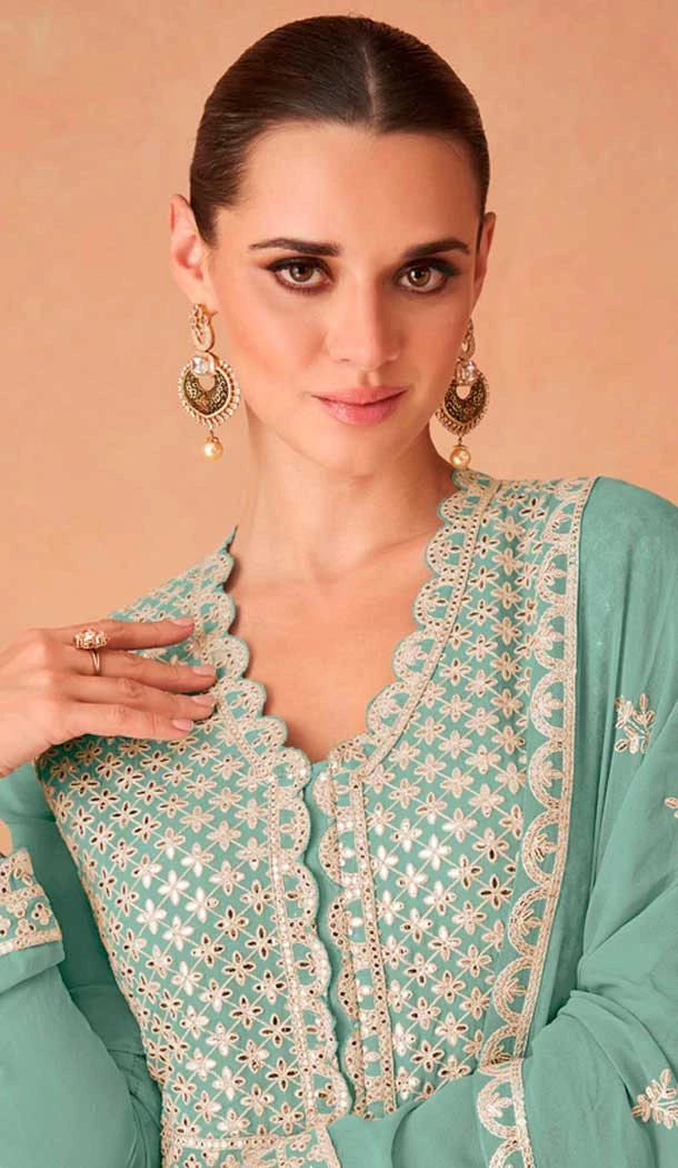 Pista Green Georgette Embroidered Anarkali Style Designer Salwar Suit - 143908419 
