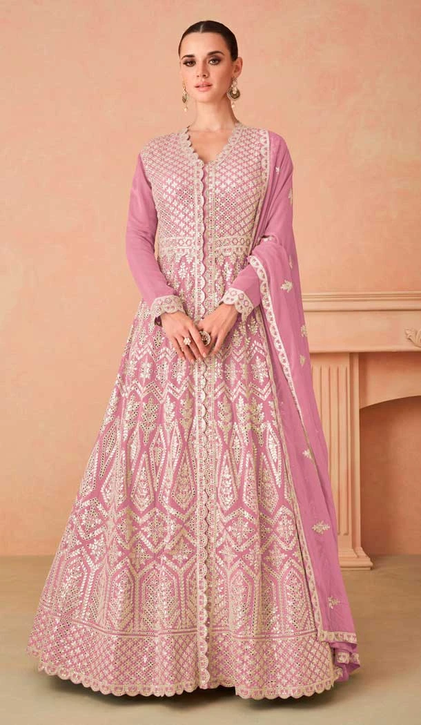 Pink Georgette Embroidered Anarkali Style Designer Salwar Suit - 143908420