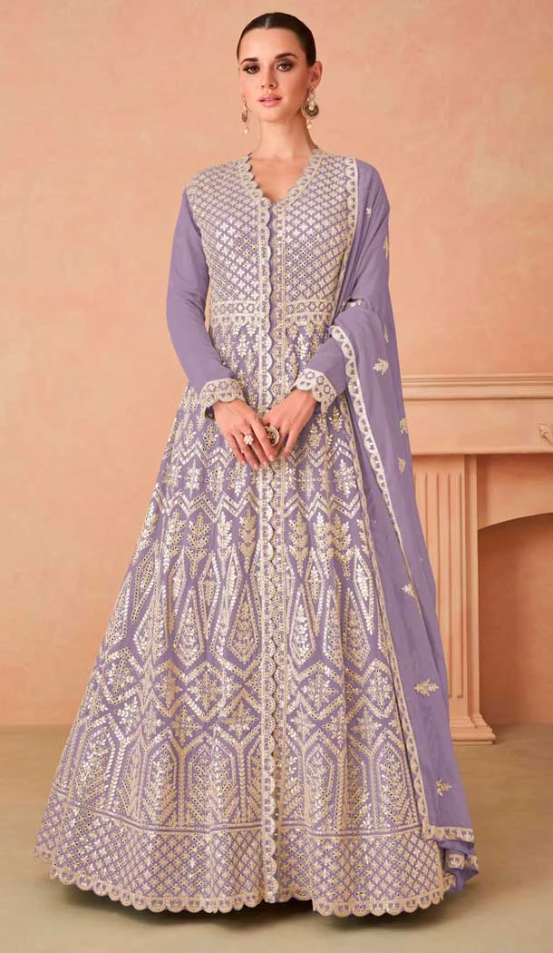 Violet Georgette Embroidered Anarkali Style Designer Salwar Suit - 143908422