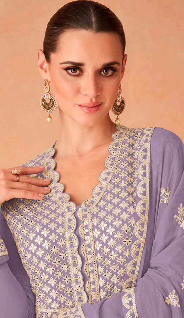 Violet Georgette Embroidered Anarkali Style Designer Salwar Suit - 143908422