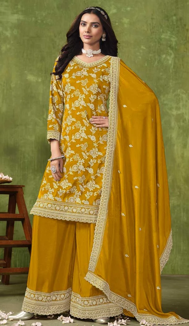 Yellow Dola Silk Embroidered Party Wear Palazzo Salwar Suit - 144218613