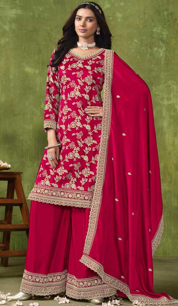 Pink Dola Silk Embroidered Party Wear Palazzo Salwar Suit - 144218616