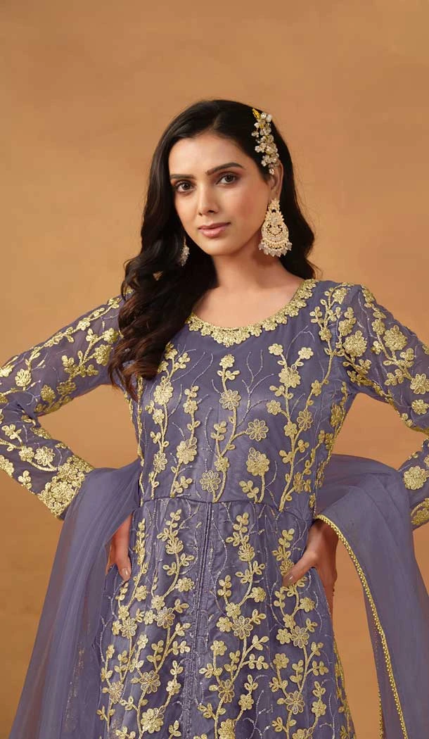 Violet Net Embroidery Work Anarkali Style Designer Salwar Suit - 144438759