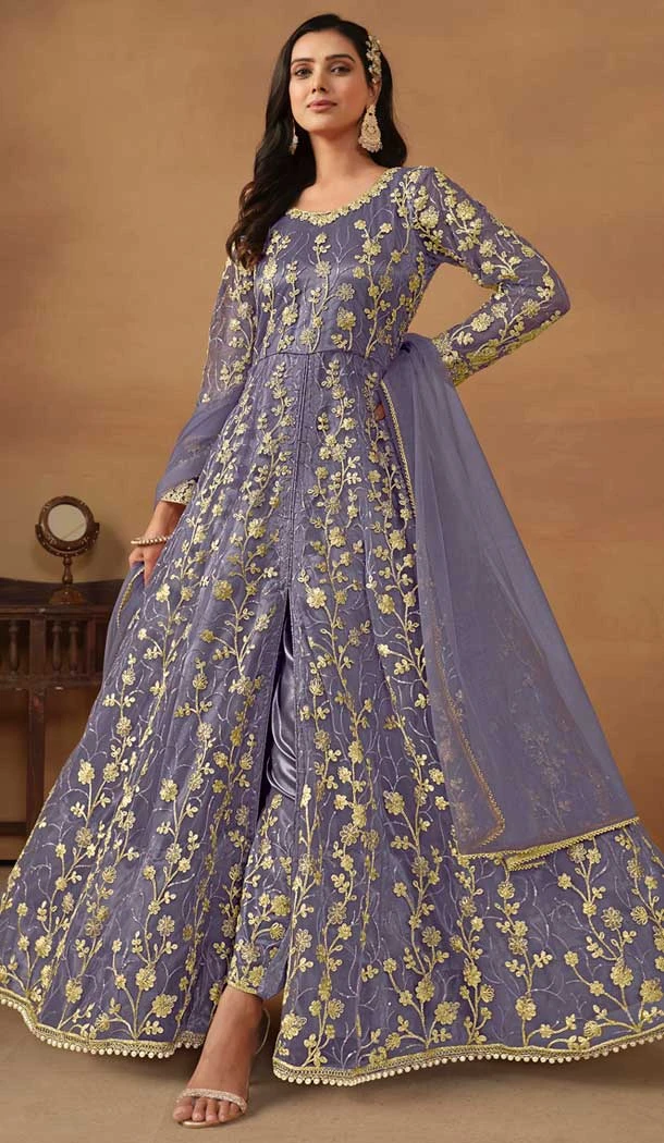 Violet Net Embroidery Work Anarkali Style Designer Salwar Suit - 144438759