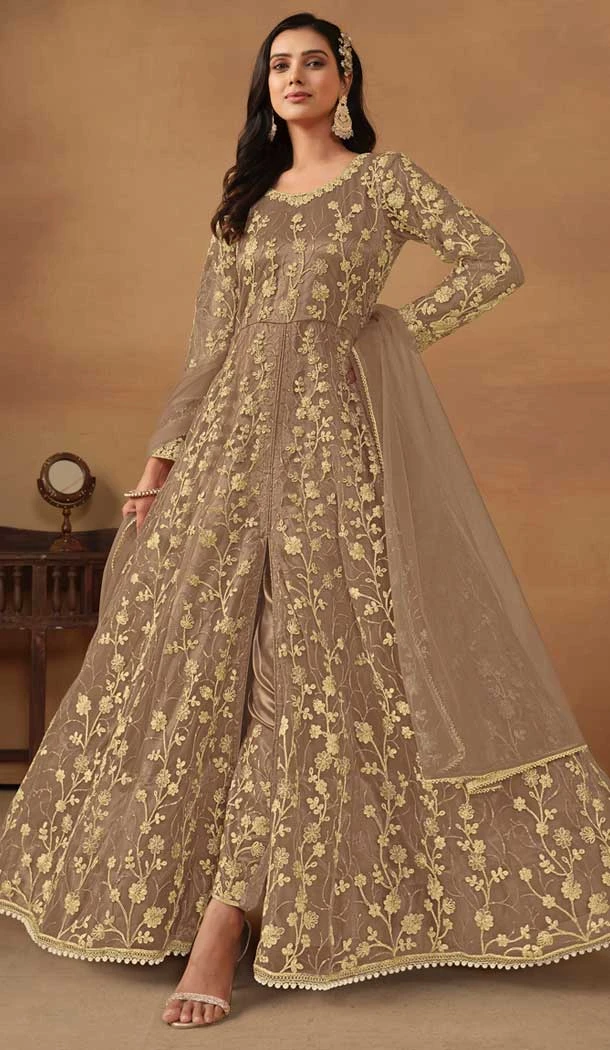 Brown Net Embroidery Work Anarkali Style Designer Salwar Suit - 144438760