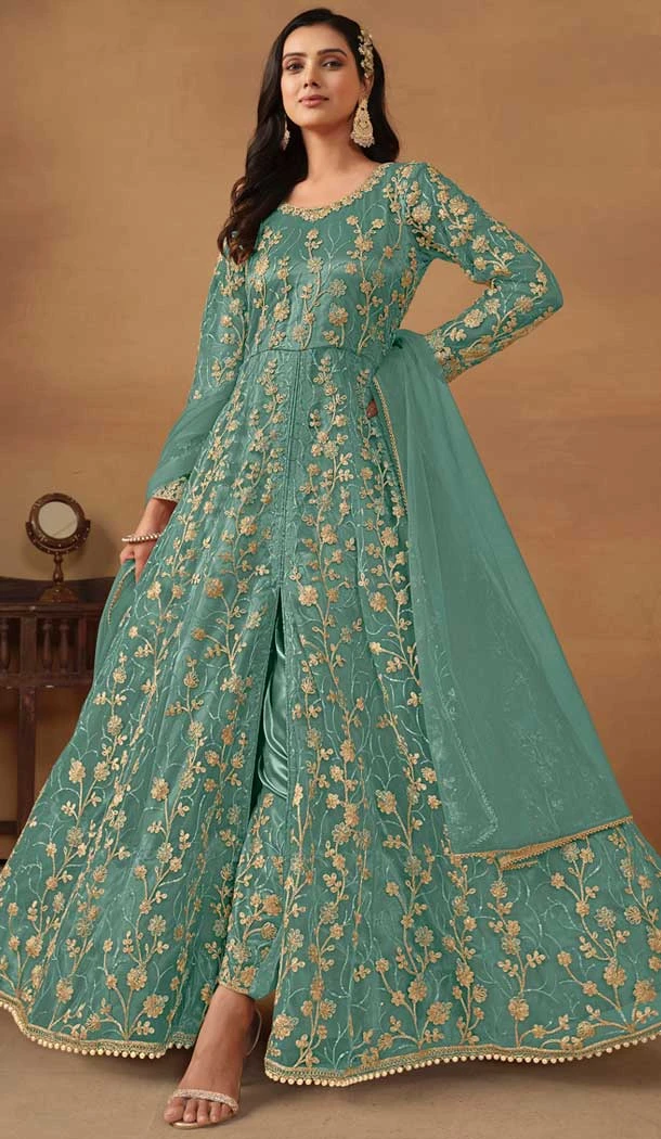 Green Net Embroidery Work Anarkali Style Designer Salwar Suit - 144438761