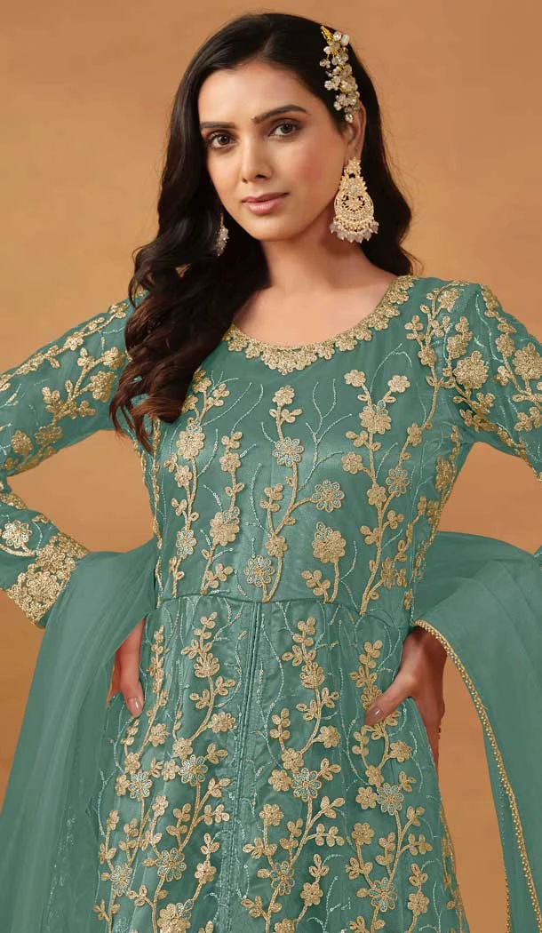 Green Net Embroidery Work Anarkali Style Designer Salwar Suit - 144438761