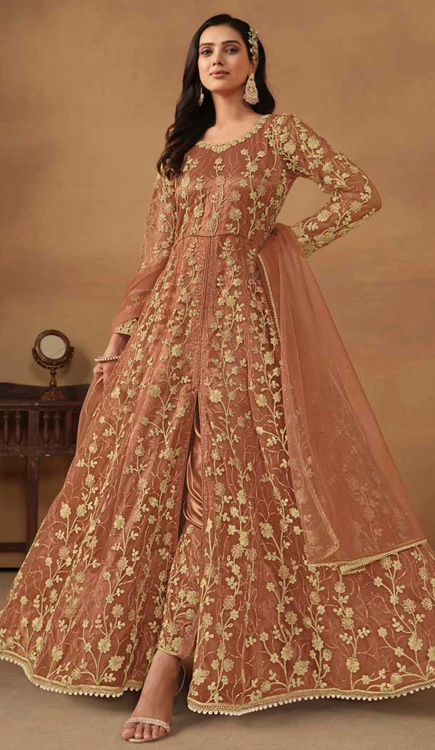 Rust Net Embroidery Work Anarkali Style Designer Salwar Suit - 144438762