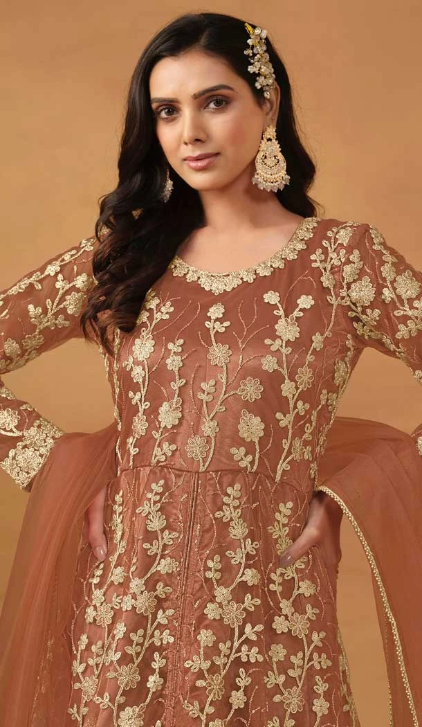 Rust Net Embroidery Work Anarkali Style Designer Salwar Suit - 144438762