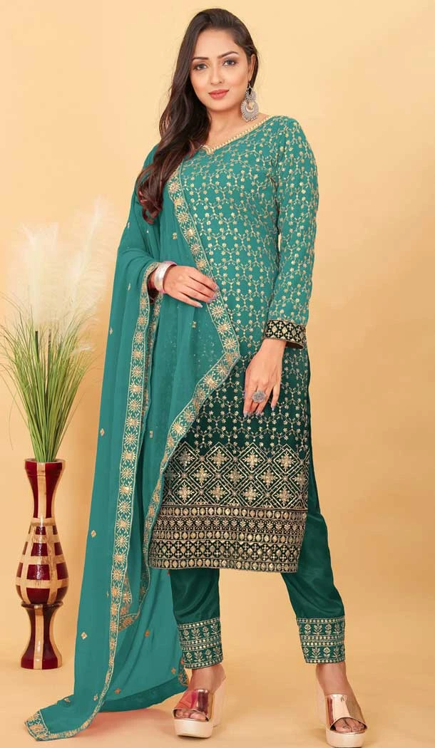 Green Faux Georgette Embroidered Party Wear Salwar Suit - 144688918