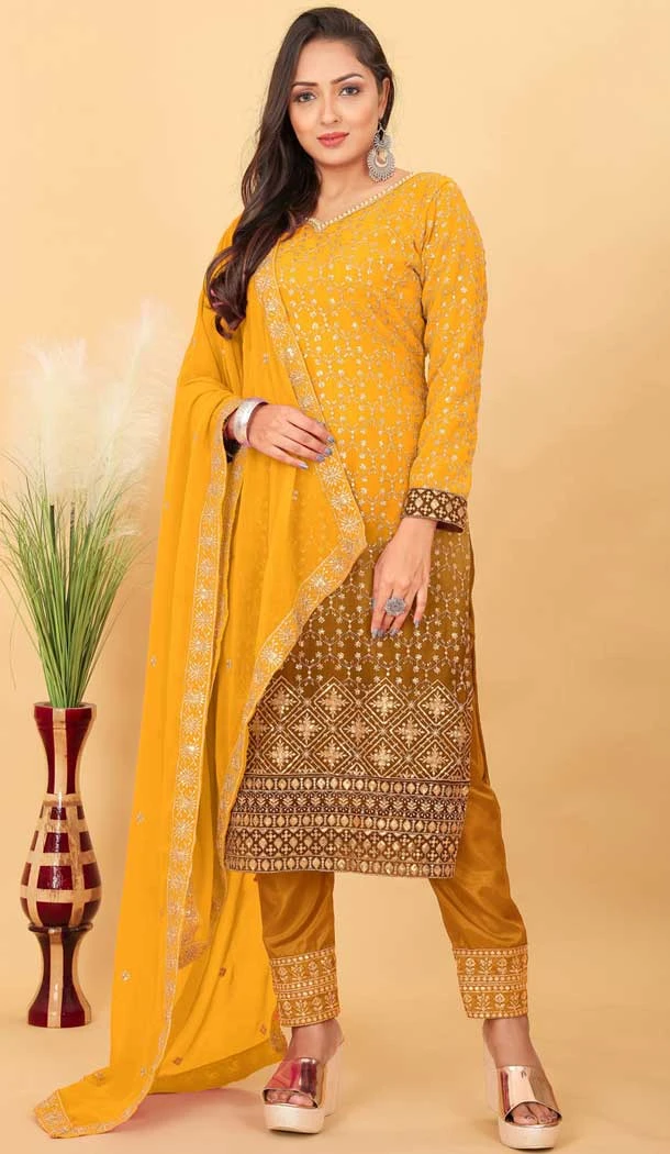 Yellow Faux Georgette Embroidered Party Wear Salwar Suit - 144688919